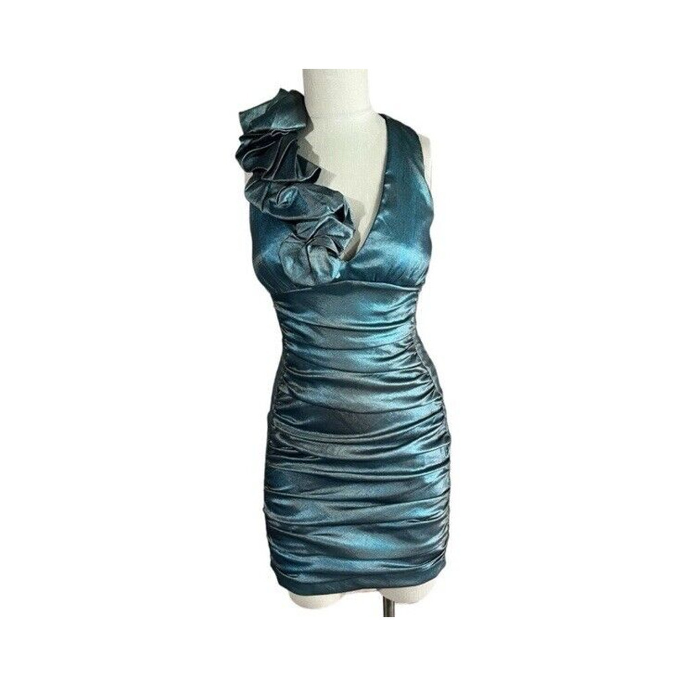 Vintage Y2K Cache Mini Formal Dress SIZE 8 Bodycon Ruffles Green Homecoming/Glam